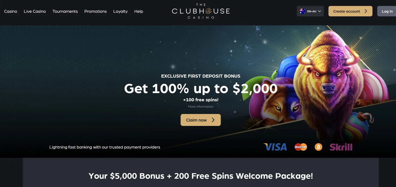 The Clubhouse Casino Homepage Interface